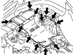 Крепление нижнего левого щитка двигателя