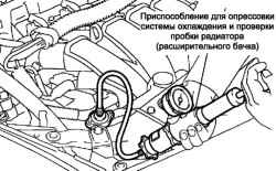 Подсоединение приспособления для опрессовки системы охлаждения и проверки пробки радиатора